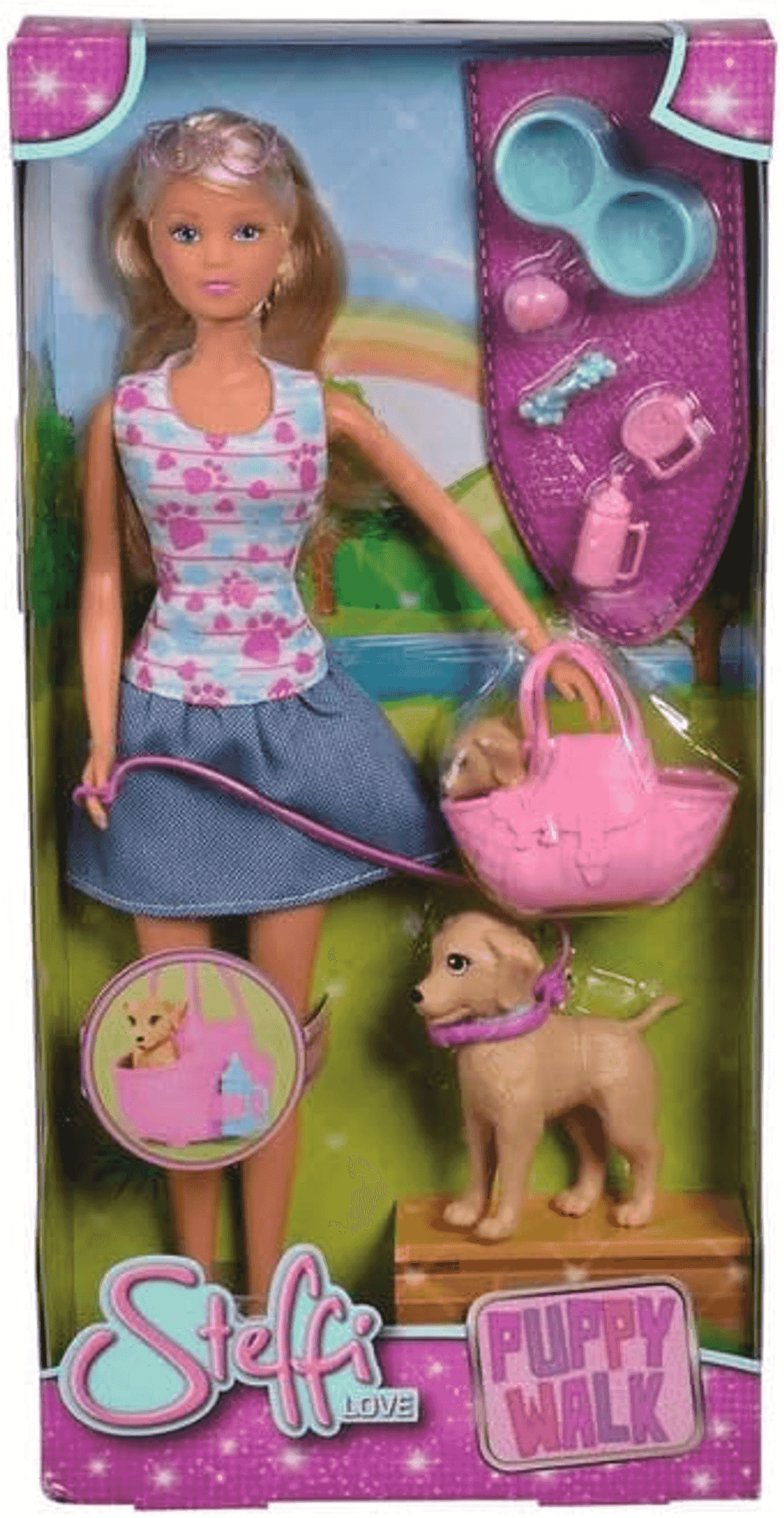 Steffi Love Puppy Walk Puppe mit Hund, Handtasche und Zubehör in bunter Verpackung.