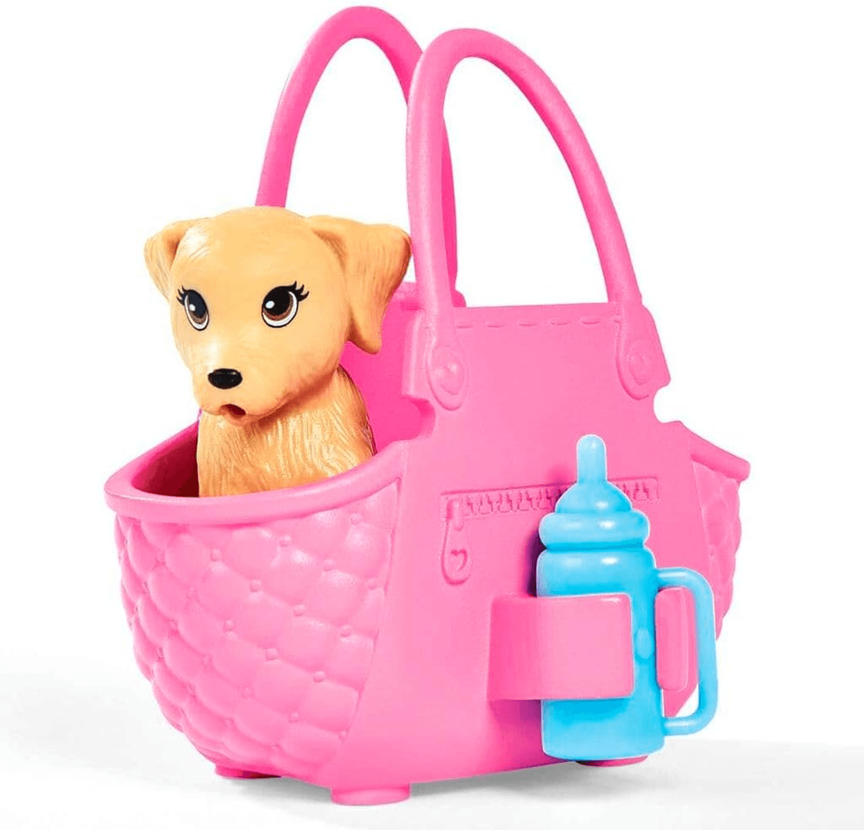 Ein kleiner Spielzeughund in einer rosa Tasche mit einer blauen Flasche daneben.