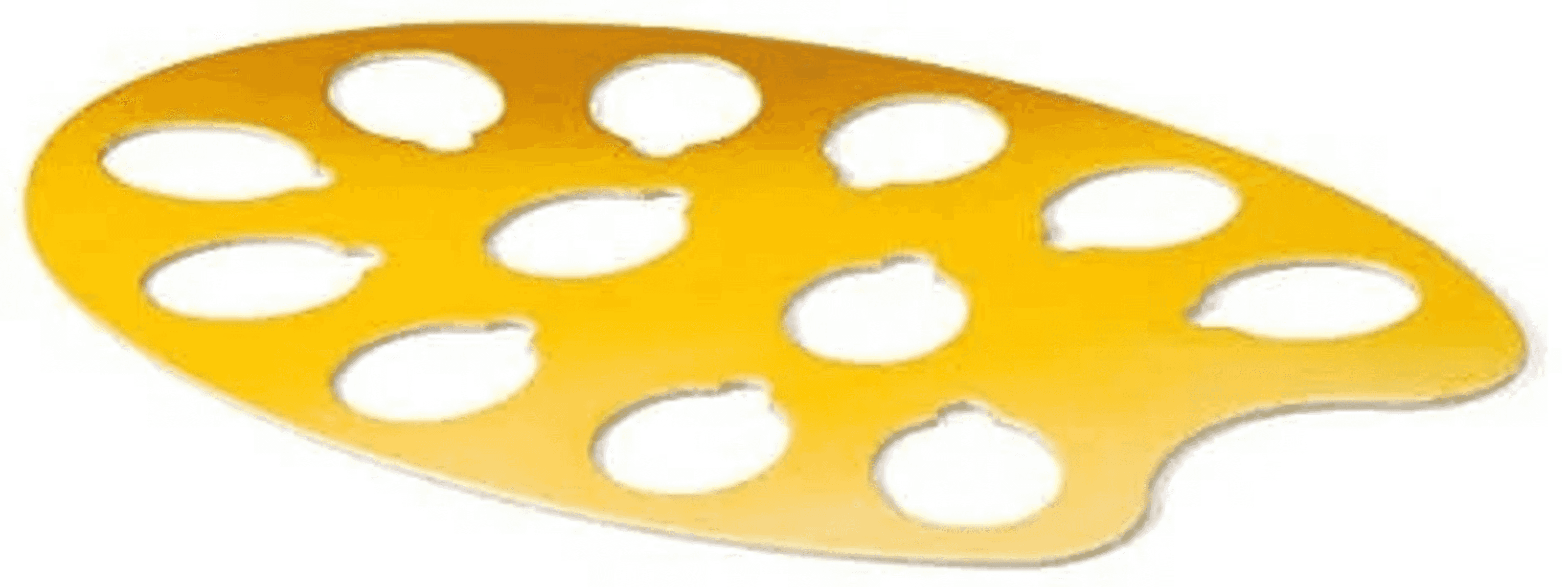 Una paleta de pintura amarilla con varios agujeros redondos sobre fondo blanco.
