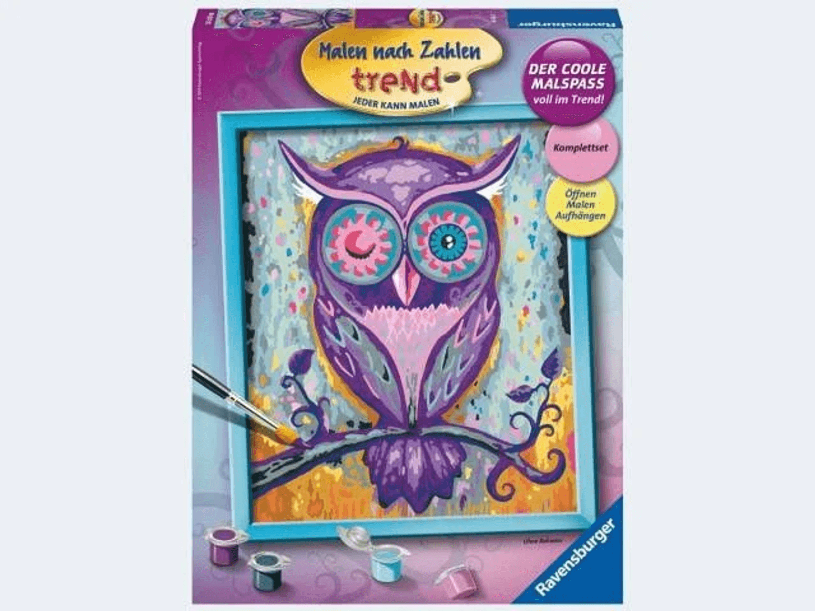 Caja de pintar por números Ravensburger con un búho colorido en marco azul y pinturas.