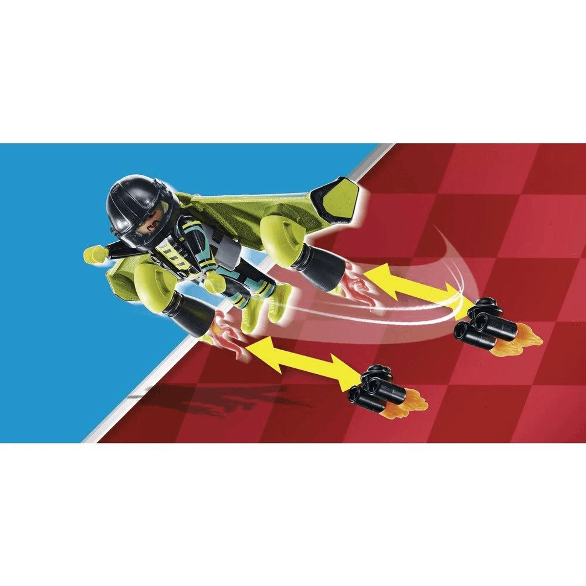 Figura de Playmobil en traje de vuelo negro y verde volando con jetpack sobre fondo rojo y azul.