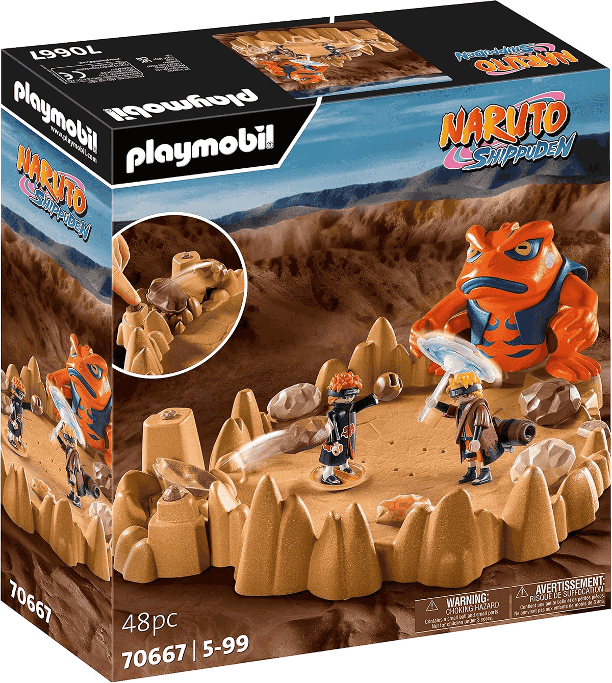 Set Playmobil Naruto Shippuden 70667 con figuras y un gran sapo naranja en un escenario rocoso.