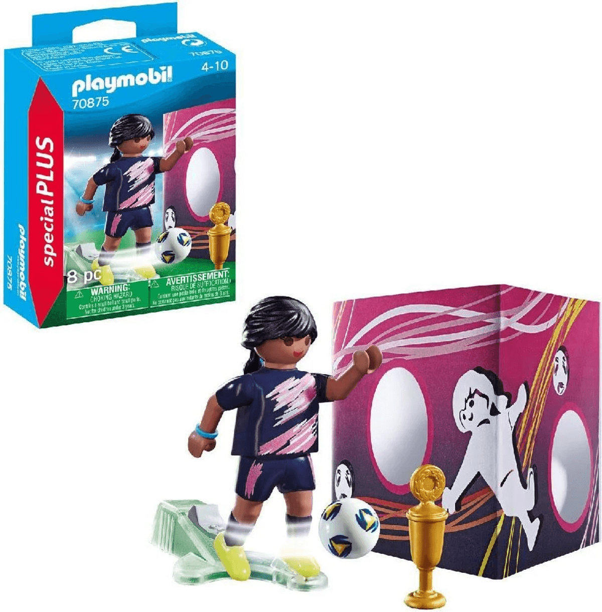 Set de jugadora de fútbol Playmobil con diana, balón y trofeo dorado frente a caja azul.