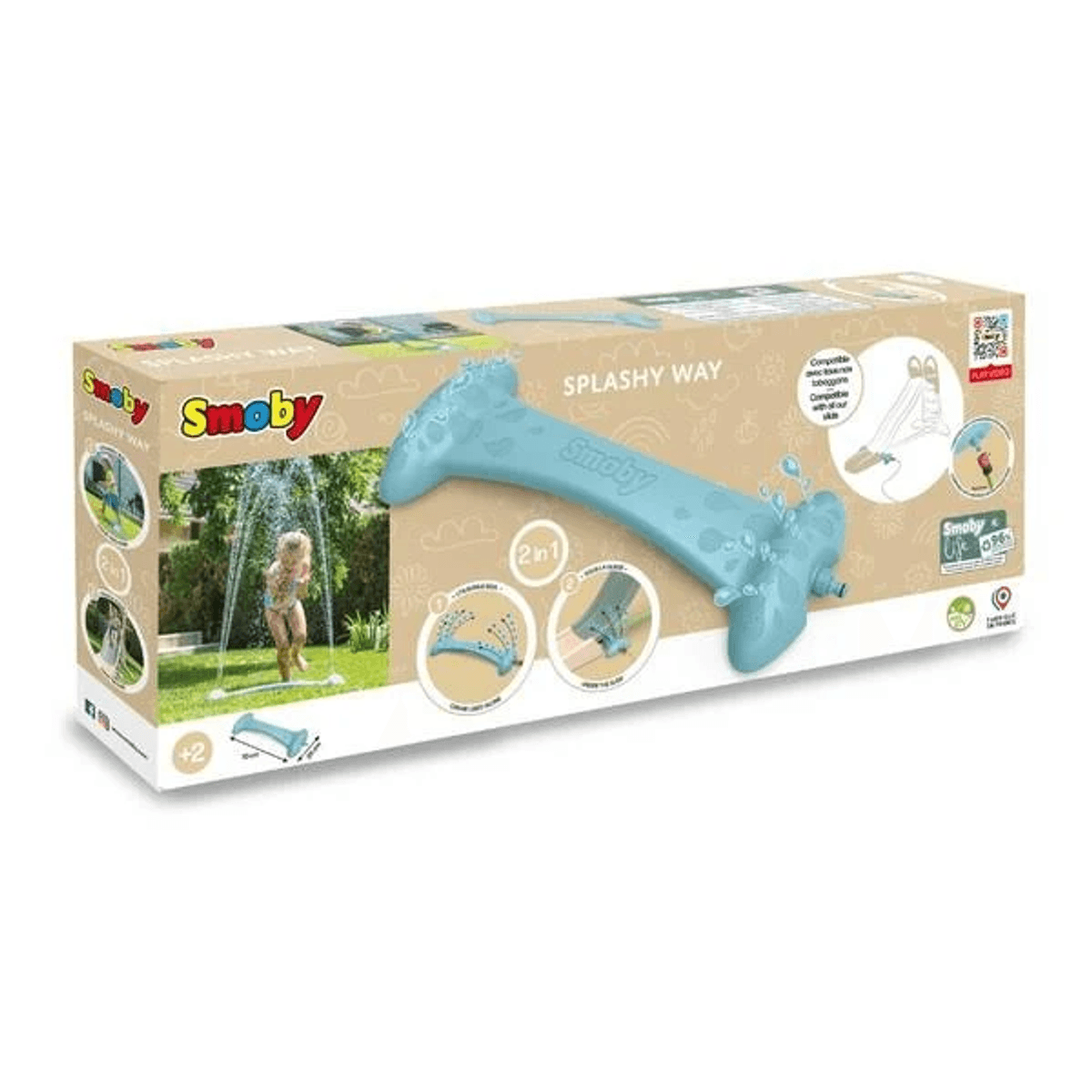 Embalaje del juguete de agua para jardín Smoby Splashy Way, mostrando un aspersor azul y niños jugando al aire libre.