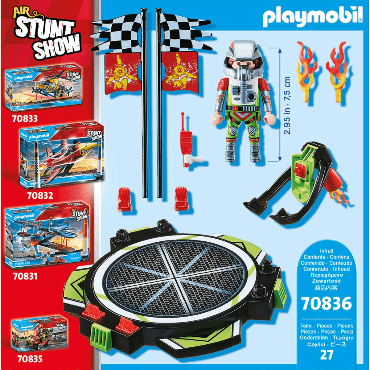 Playmobil Air Stunt Show Set 70836 mit Actionfigur, Starthilfe, Podest, Flaggen und Zubehör auf blauem Grund.