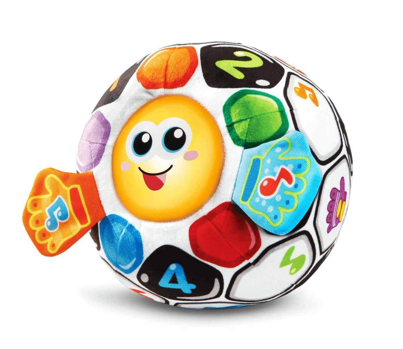 Ein weicher Plüschball mit bunten Mustern, Zahlen und einem freundlichen gelben Gesicht.