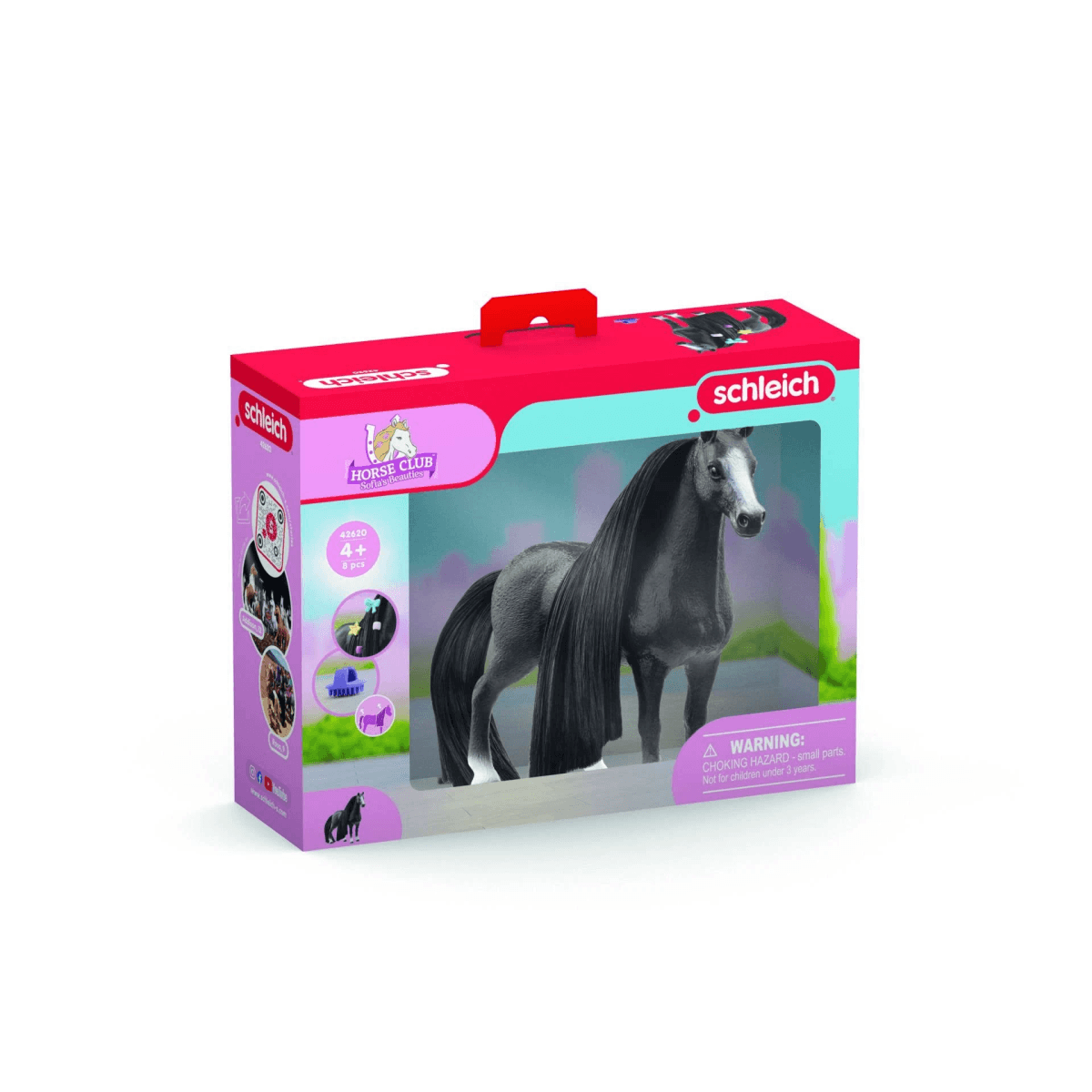 Rosa-weiße Schleich Horse Club Schachtel mit einer grauen Spielzeug-Pferdefigur mit langer Mähne auf der Vorderseite.