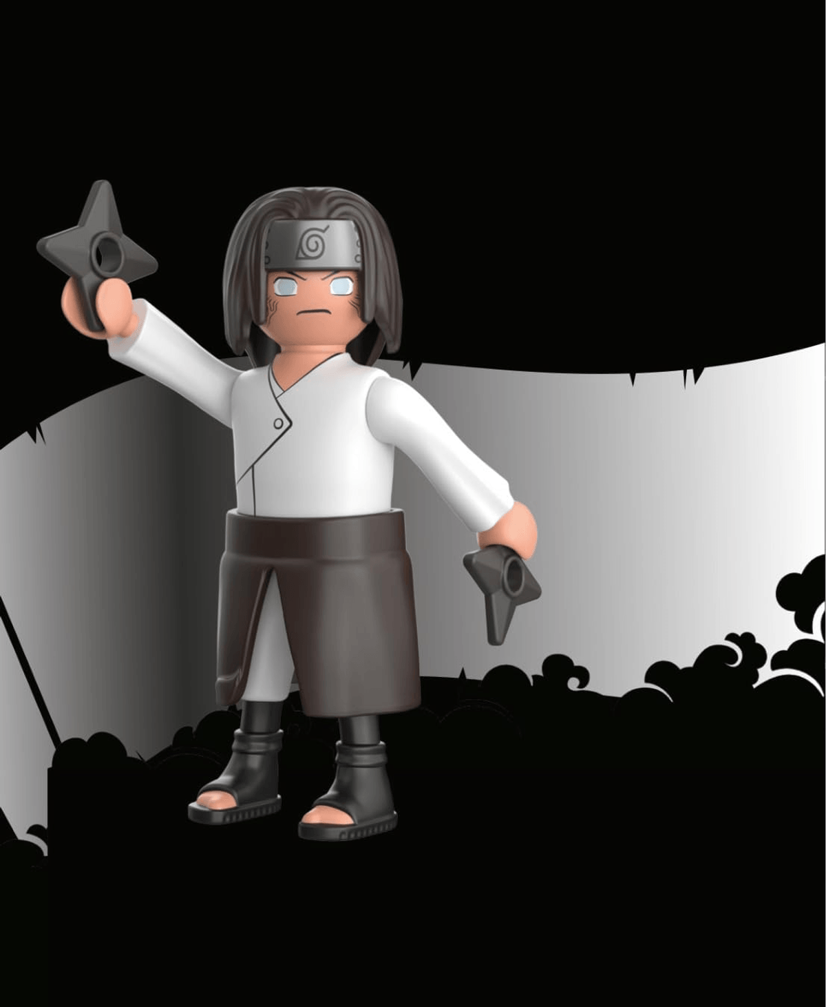 Una figura de acción de Neji Hyuga con cabello castaño largo, top blanco y pantalones oscuros sostiene shuriken.