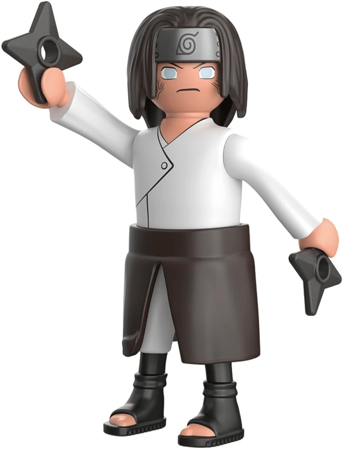 Una figura de acción estilo ninja con diadema, blusa blanca, falda marrón y estrellas shuriken negras en ambas manos.