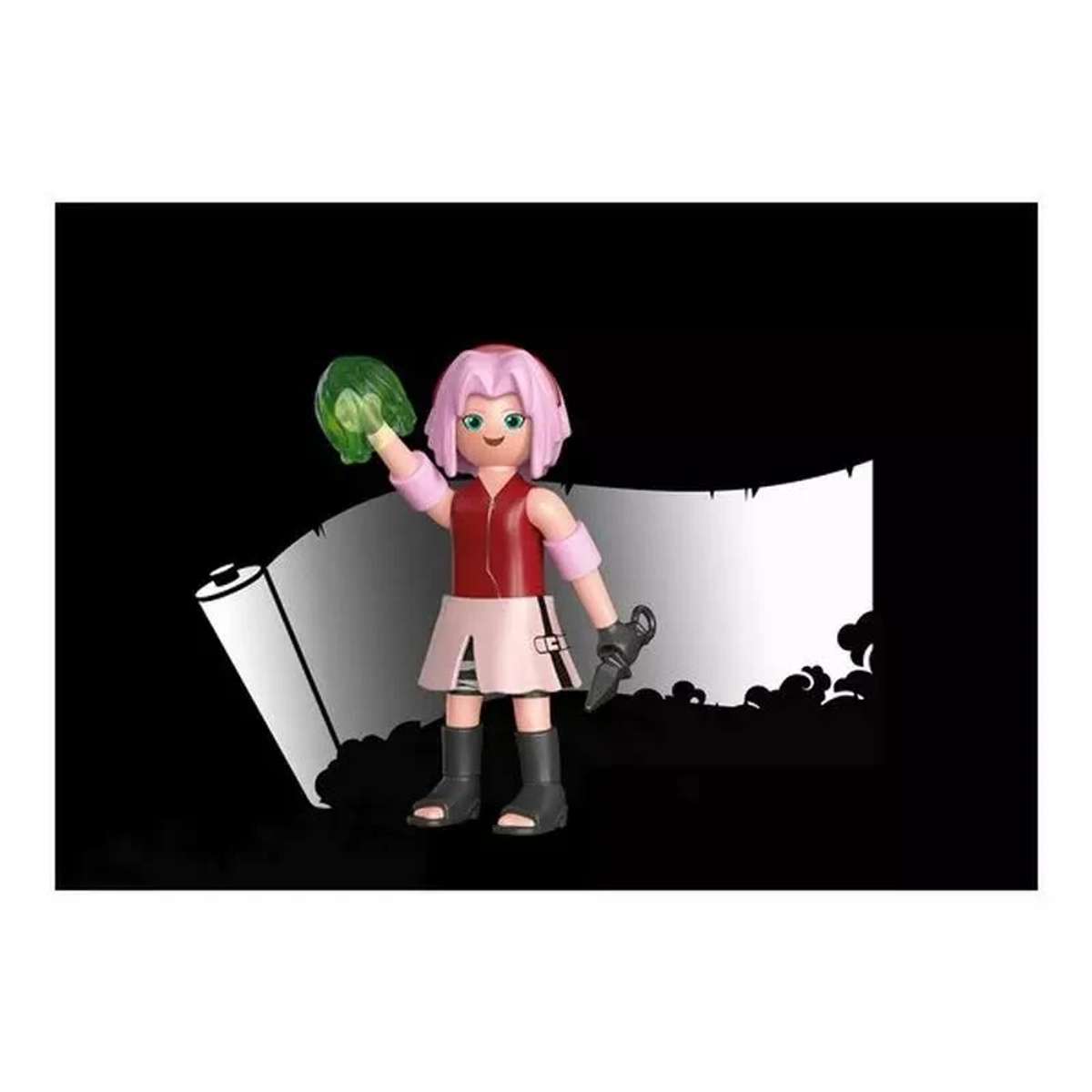 Playmobil-Figur von Sakura Haruno mit rosa Haaren, rotem Oberteil, hellem Rock und grünem Chakra-Effekt.