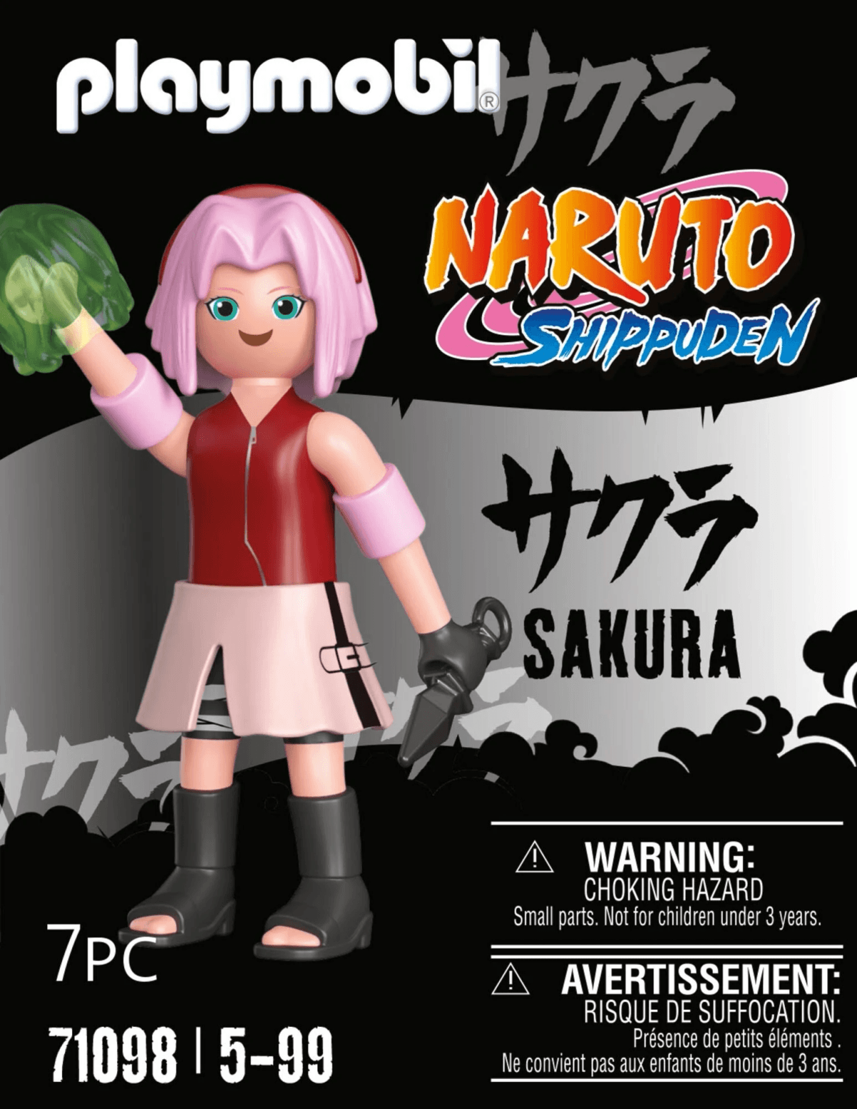 Playmobil-Figur von Sakura Haruno aus Naruto Shippuden mit pinken Haaren, rotem Oberteil und einem Kunai in der Hand.