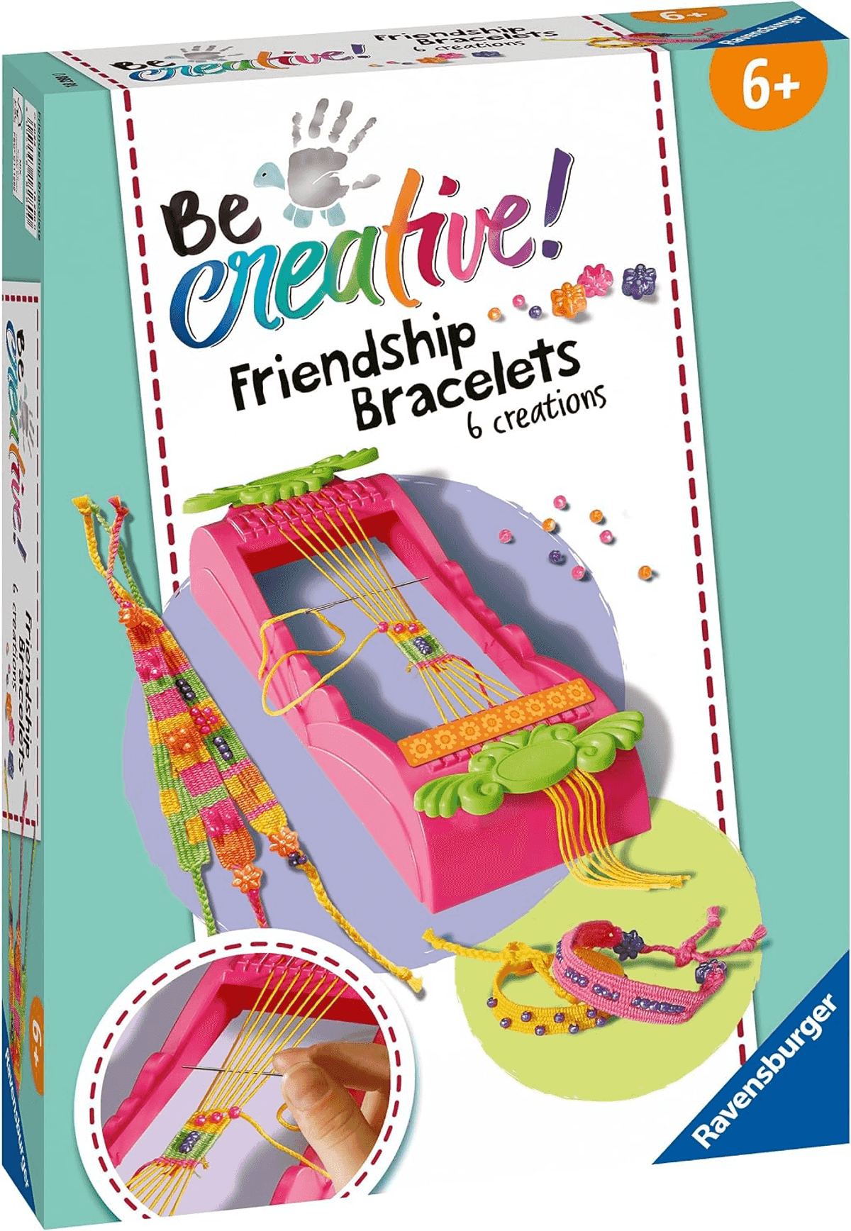 Caja de pulseras de la amistad Be Creative con un telar rosa, hilos coloridos y pulseras terminadas.