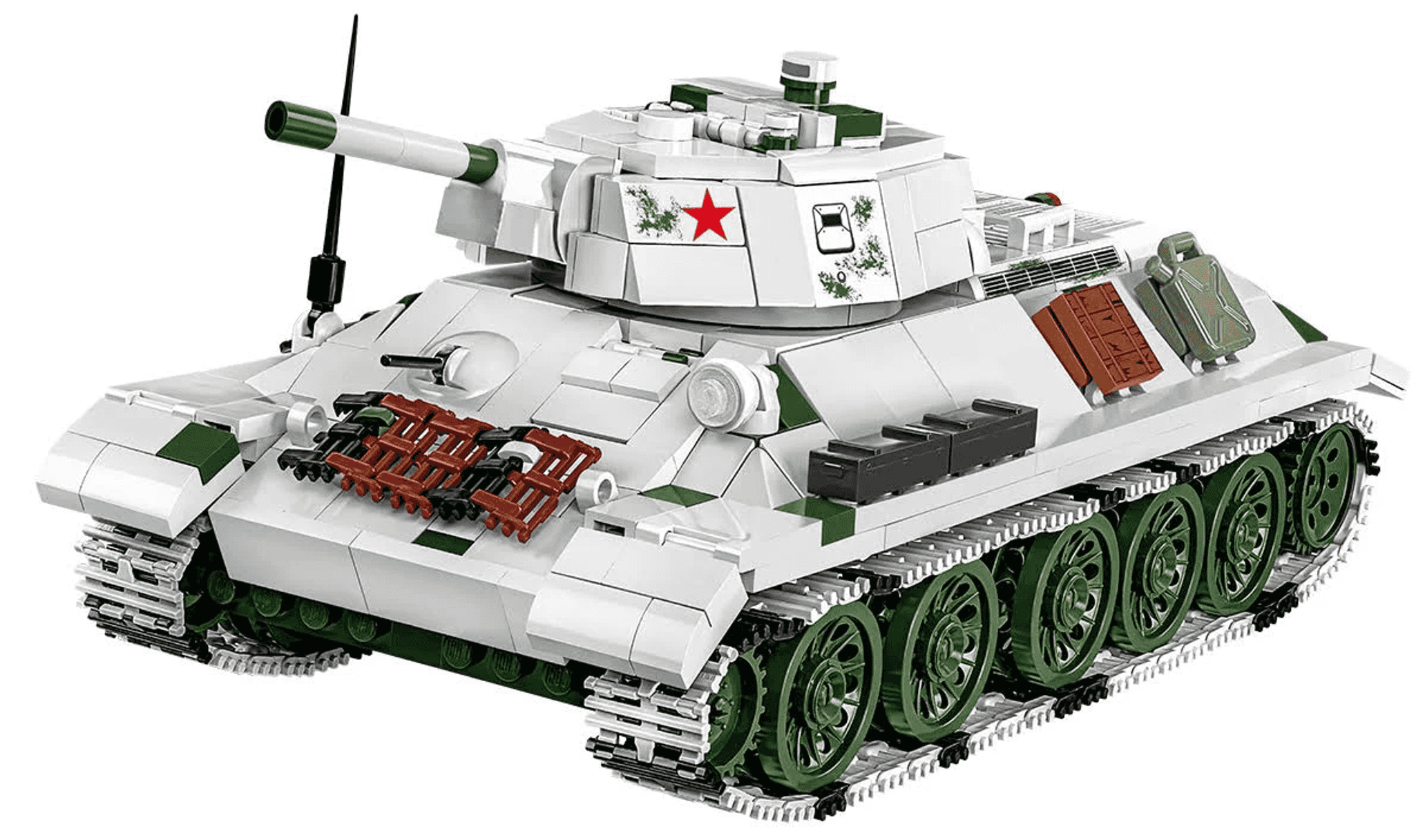 Un tanque de bloques de juguete blanco y verde con una estrella roja en la torreta, orugas y accesorios.