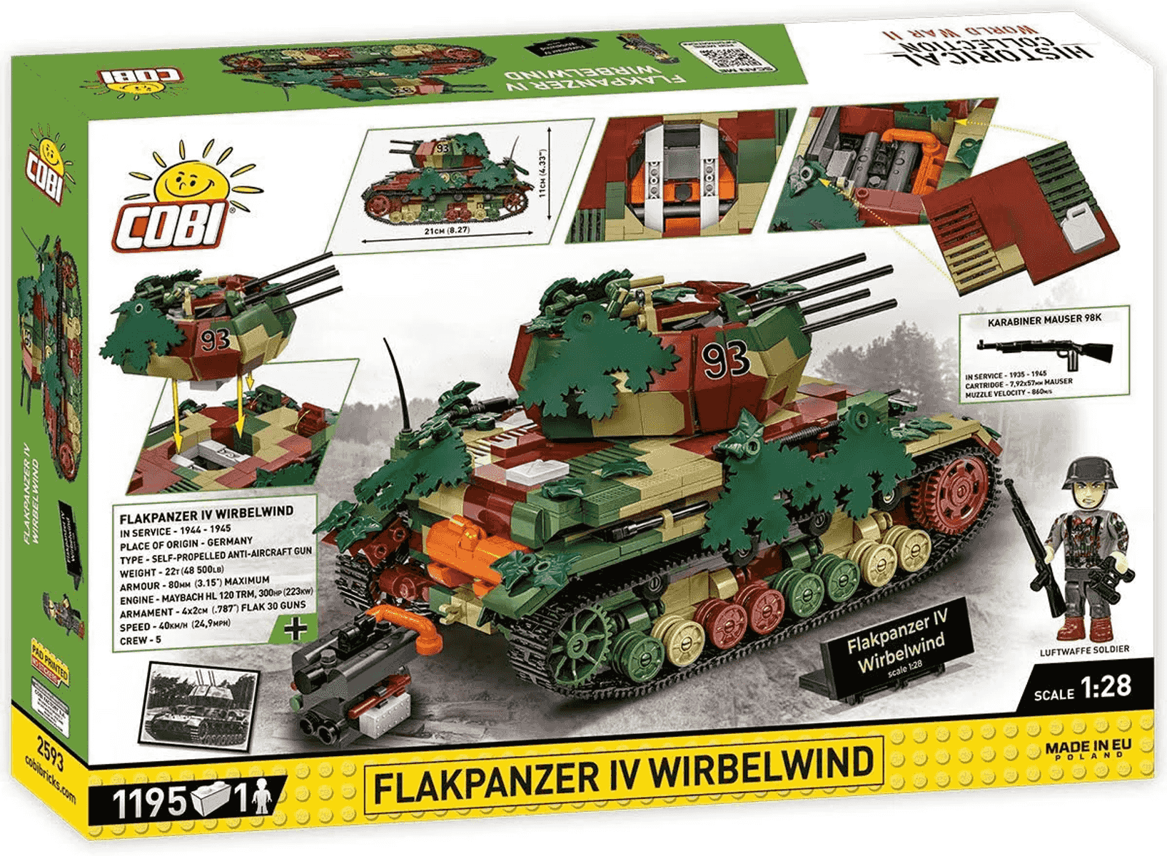 Embalaje de un set de construcción Cobi Flakpanzer IV Wirbelwind con detalles.