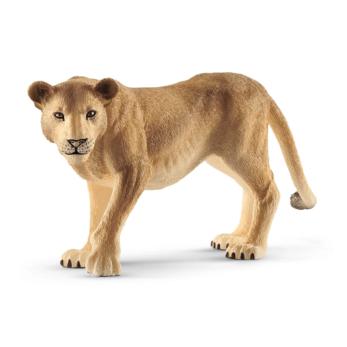 Eine detaillierte Plastikfigur einer stehenden Löwin mit braunem Fell auf einem weißen Hintergrund.