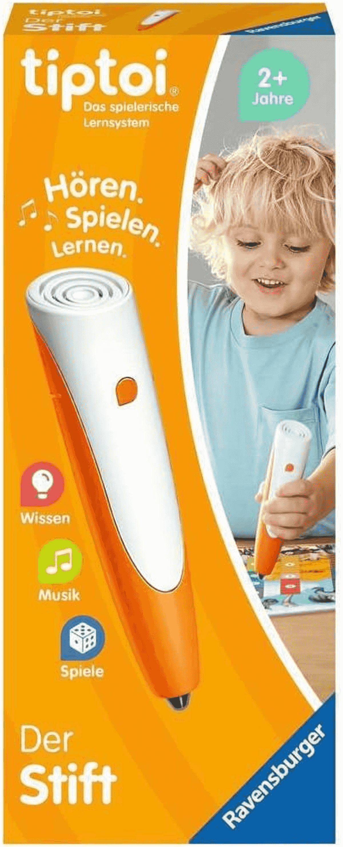 Tiptoi-Stift Produktverpackung mit orange-weissem Design und spielendem Kind.
