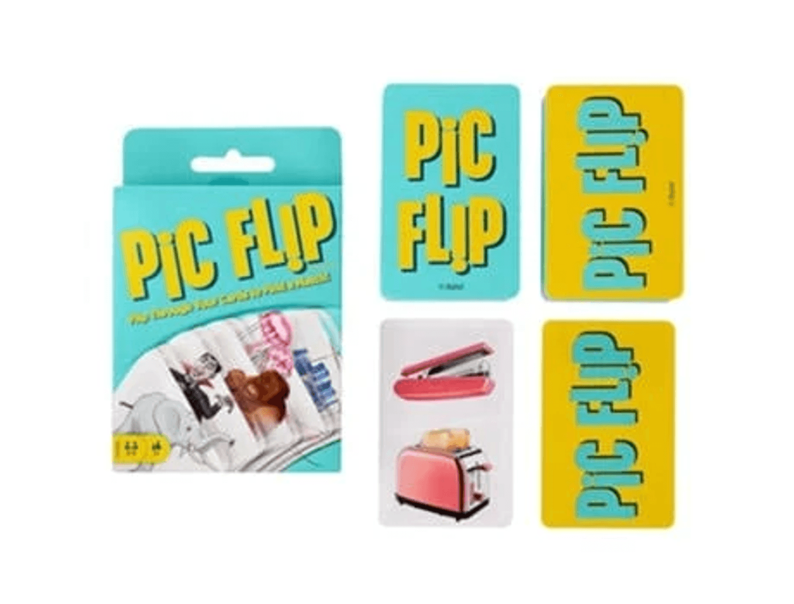 Caja del juego de cartas Pic Flip y cartas a juego con imágenes de objetos como una tostadora.