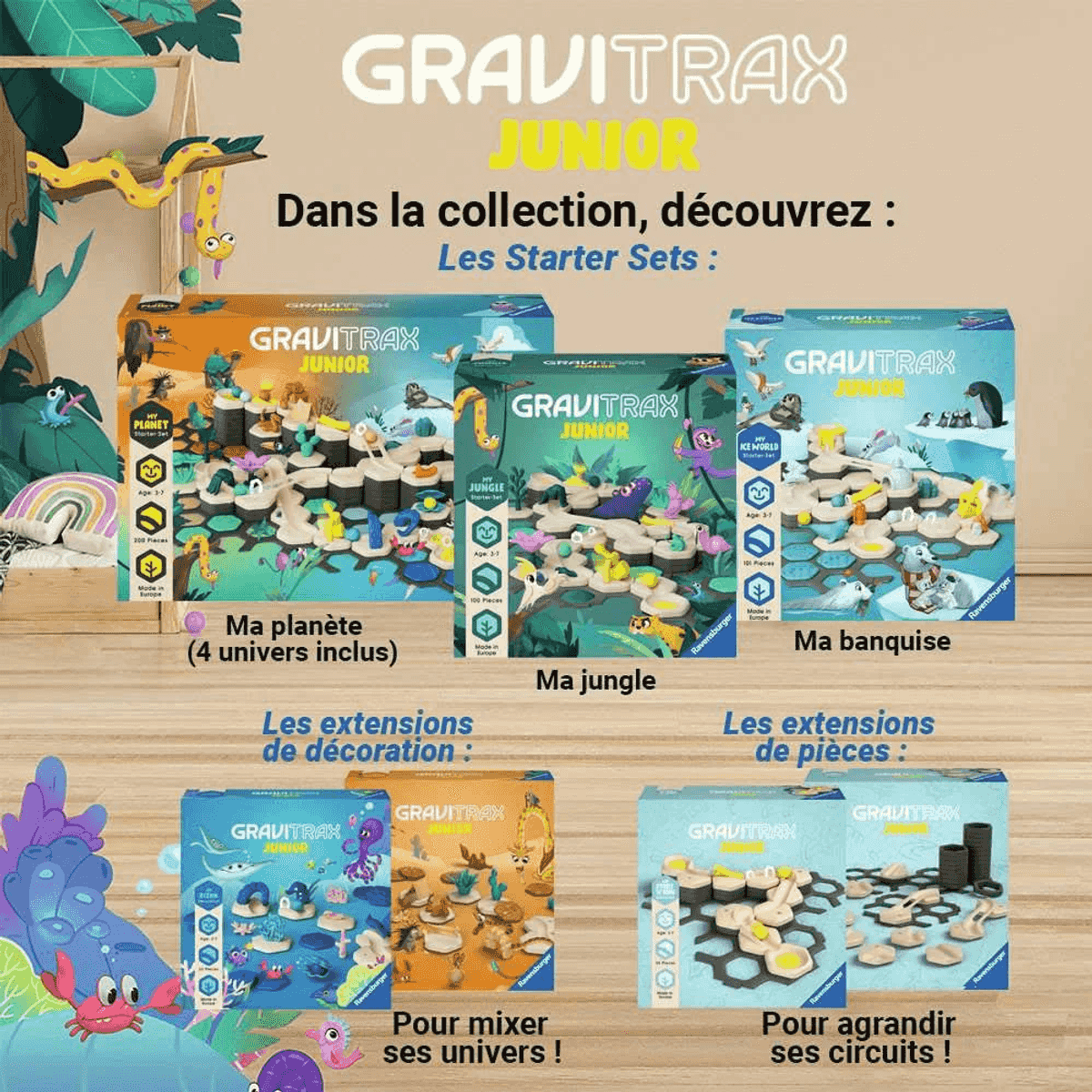 Verschiedene GraviTraX Junior Starter-Sets und Erweiterungen auf einem Holzboden.
