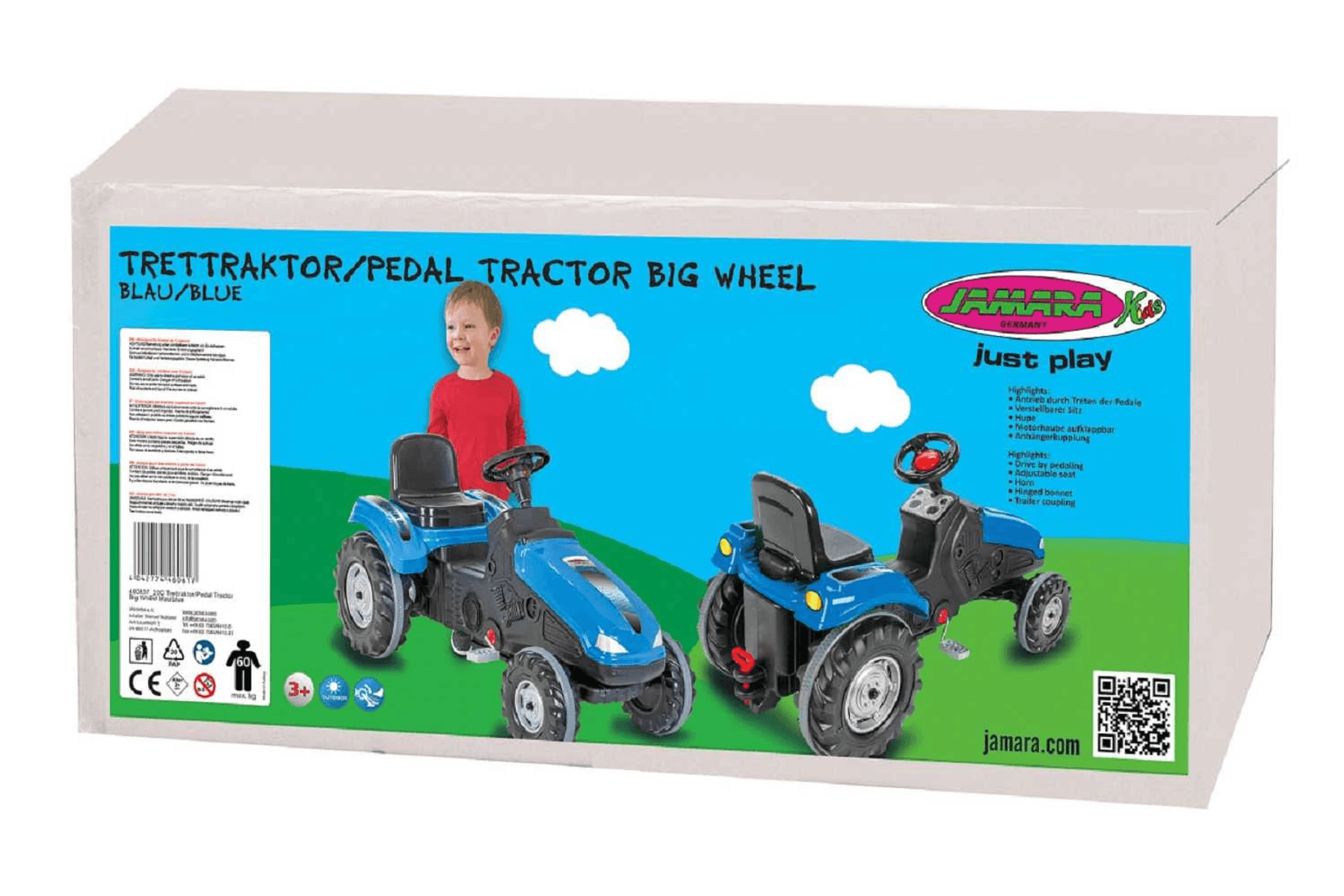 Verpackung eines blauen Jamara Tret-Traktors für Kinder mit Abbildungen von Traktor und Kind.