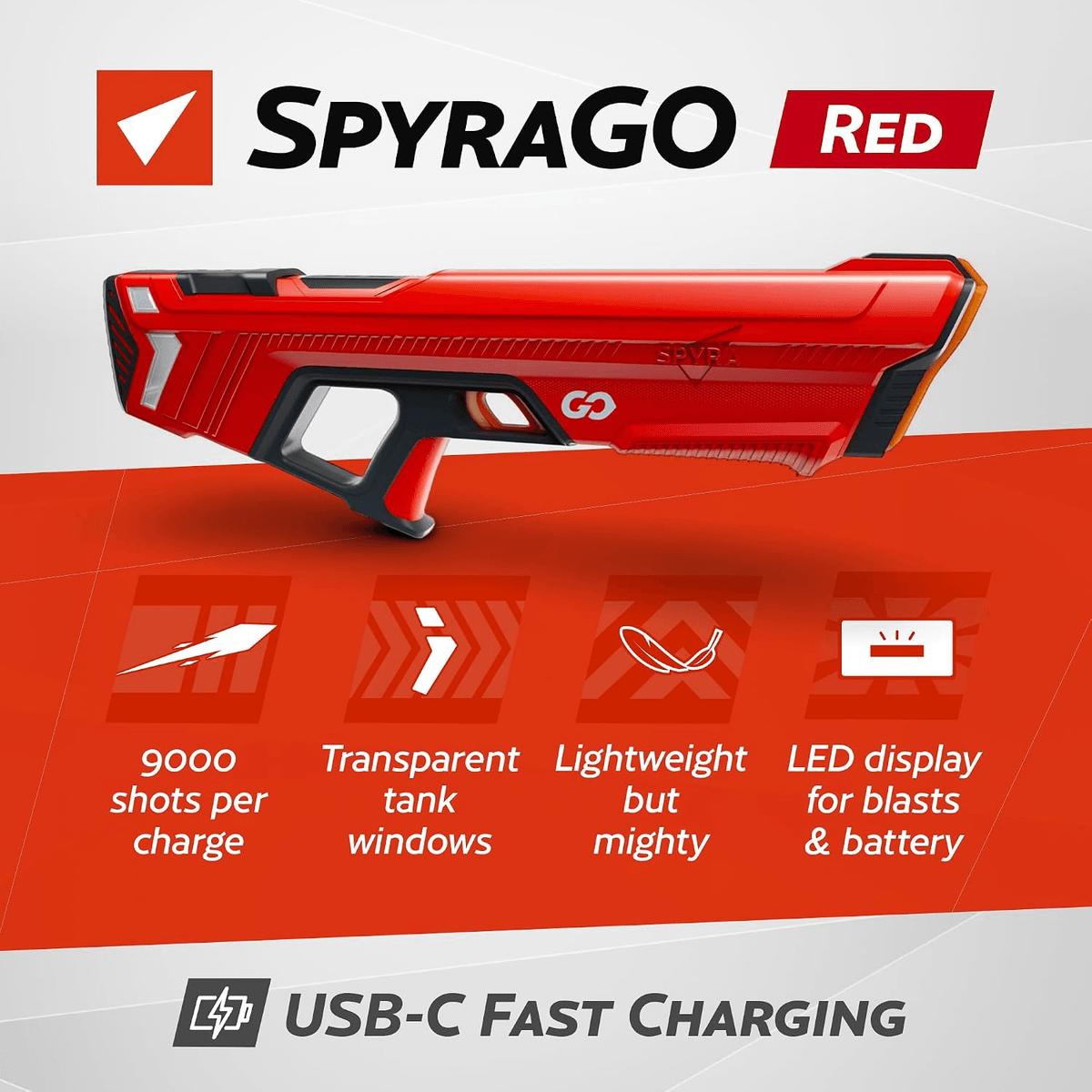 Pistola de agua roja SpyraGO con puerto USB-C y cuatro características del producto sobre fondo rojo.