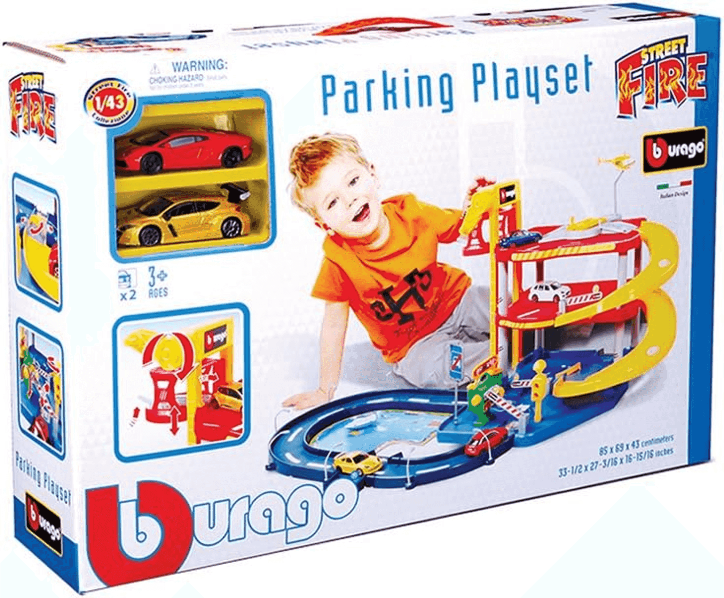 Caja del juego de estacionamiento Burogo Street Fire con coches de juguete y un niño sonriente.