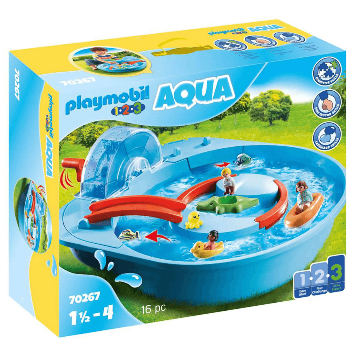 Set gioco d'acqua Playmobil 1.2.3 Aqua con personaggi, barche e ruota panoramica in scatola blu.