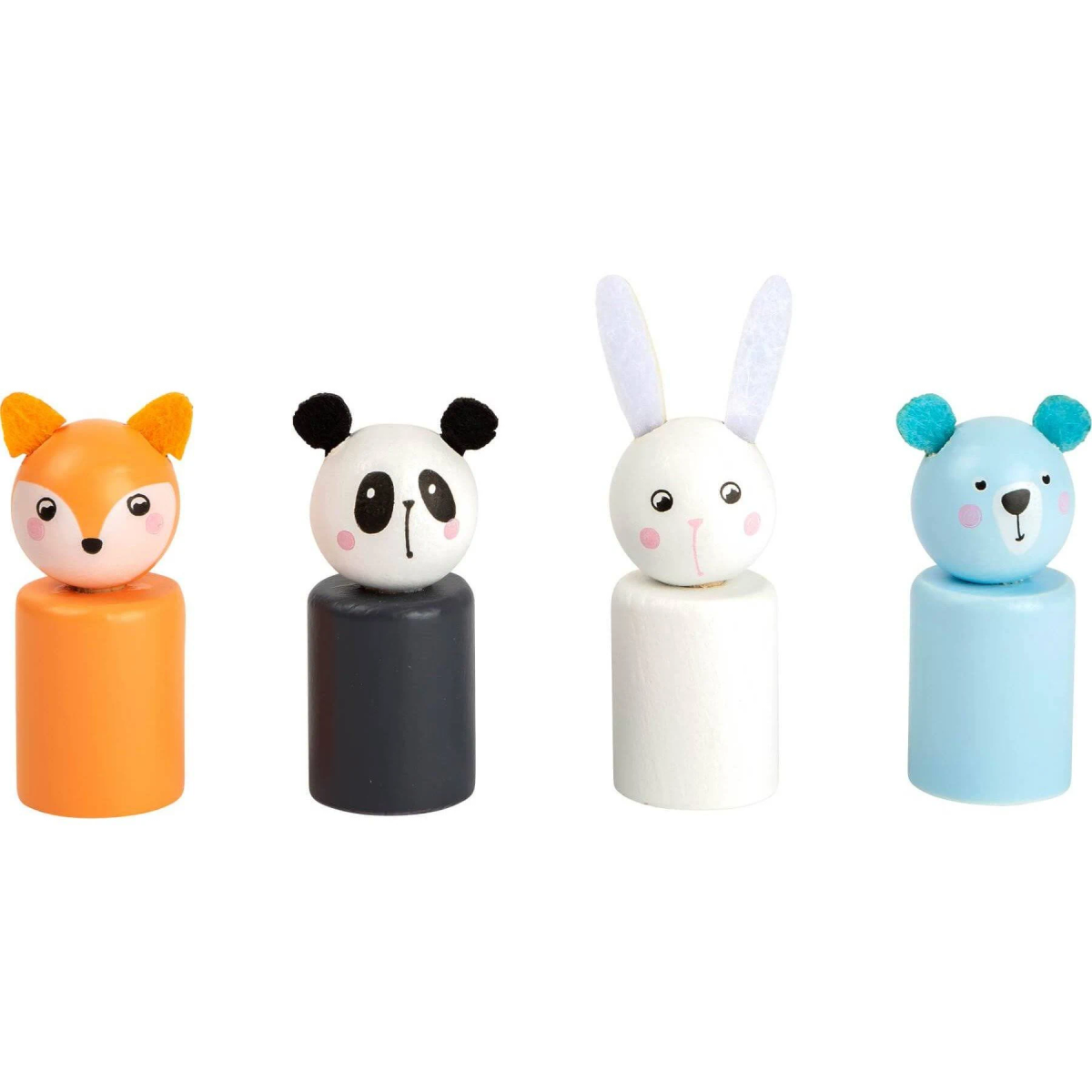 Cuatro muñecos de madera de animales: un zorro naranja, un panda blanco y negro, un conejo blanco y un oso azul.