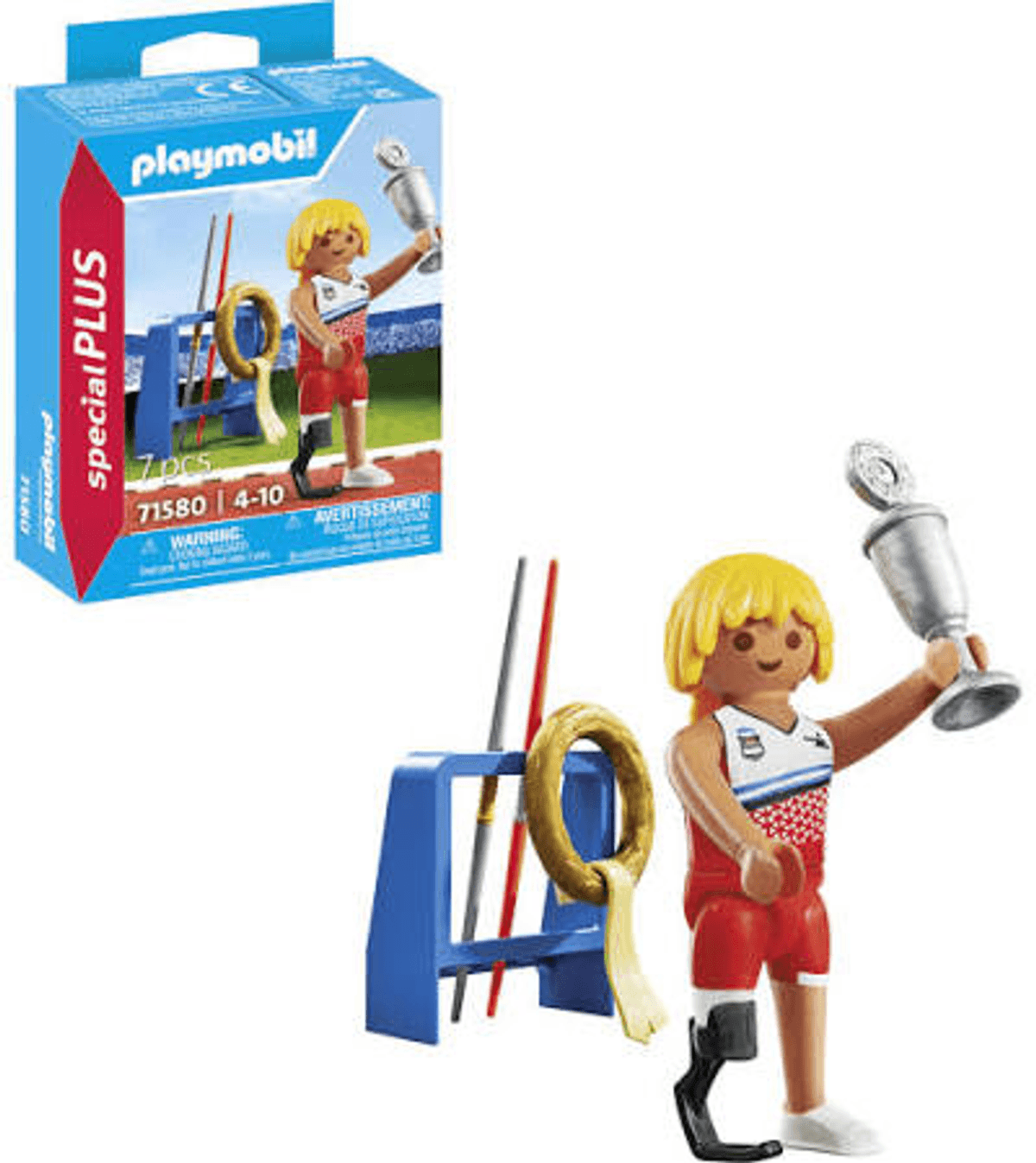 Kutunun yanında kupa, protez bacak, iki cirit ve halka standı bulunan Playmobil Special Plus sporcu figürü.