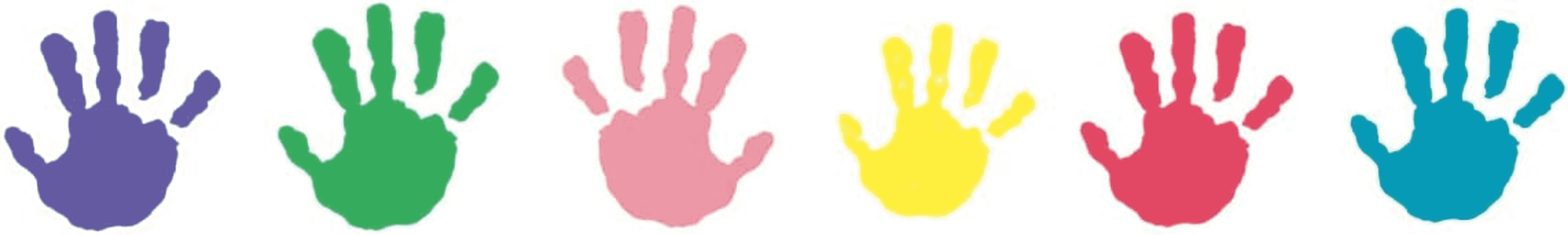 Seis huellas de manos coloridas en morado, verde, rosa, amarillo, rojo y turquesa sobre fondo blanco.