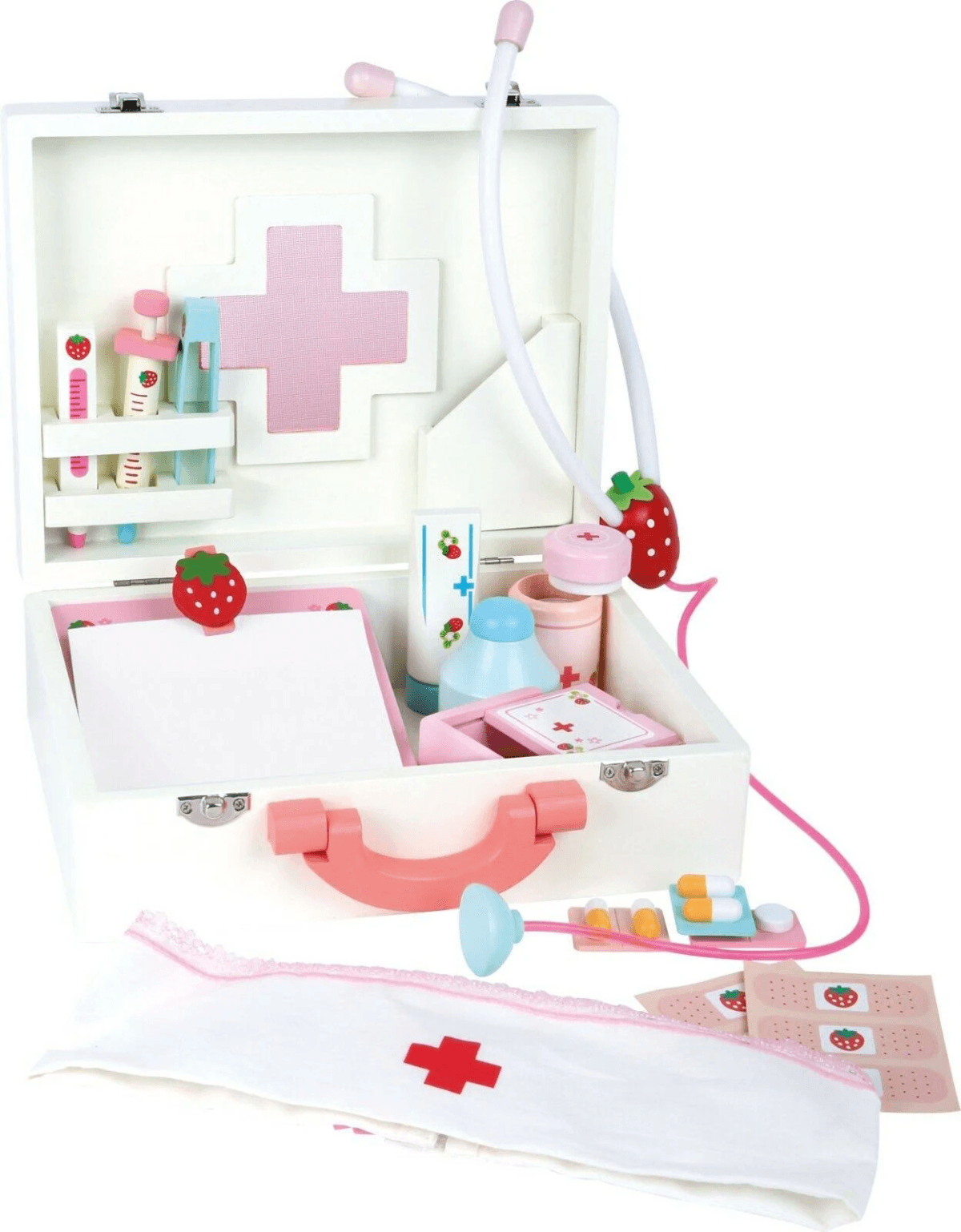 Un maletín de doctor de juguete de madera blanco y rosa con instrumentos médicos, pastillas, estetoscopio y gorro.