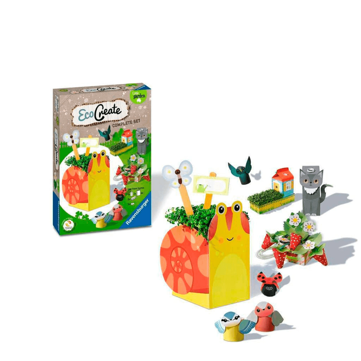 Set de manualidades Ravensburger EcoCreate Little Garden con figuras de cartón como caracol y gato.