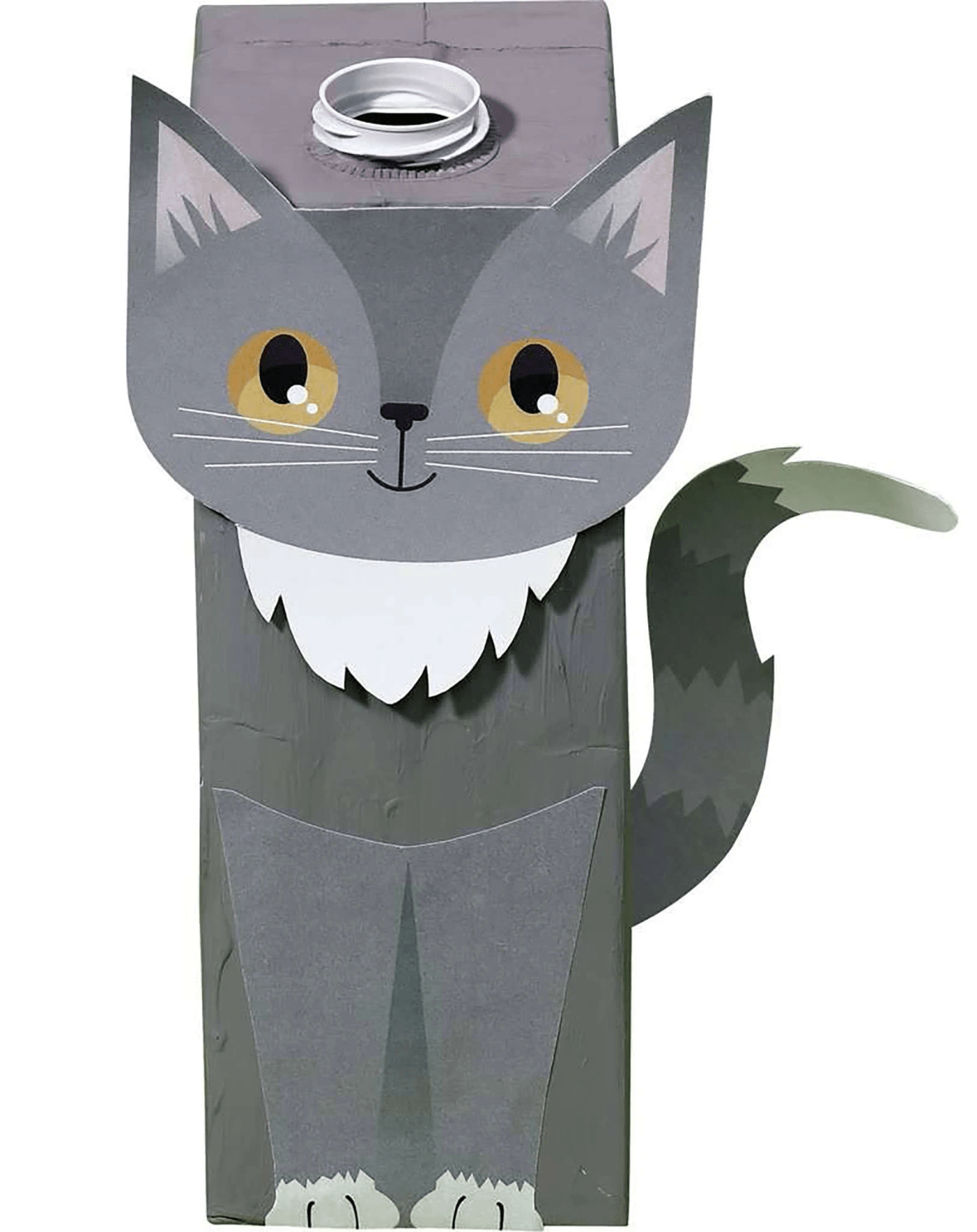 Manualidad de gato gris hecha de un cartón de leche con recortes de papel para orejas, cara, patas y cola.
