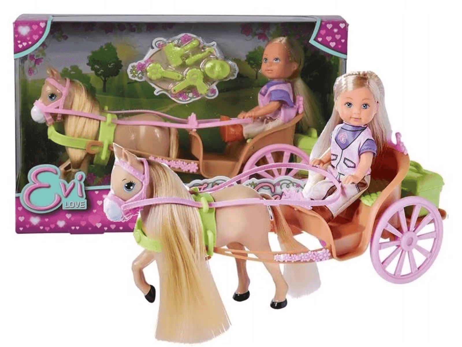 Muñeca Evi Love con cabello rubio conduciendo un carruaje rosa con un caballo pequeño.