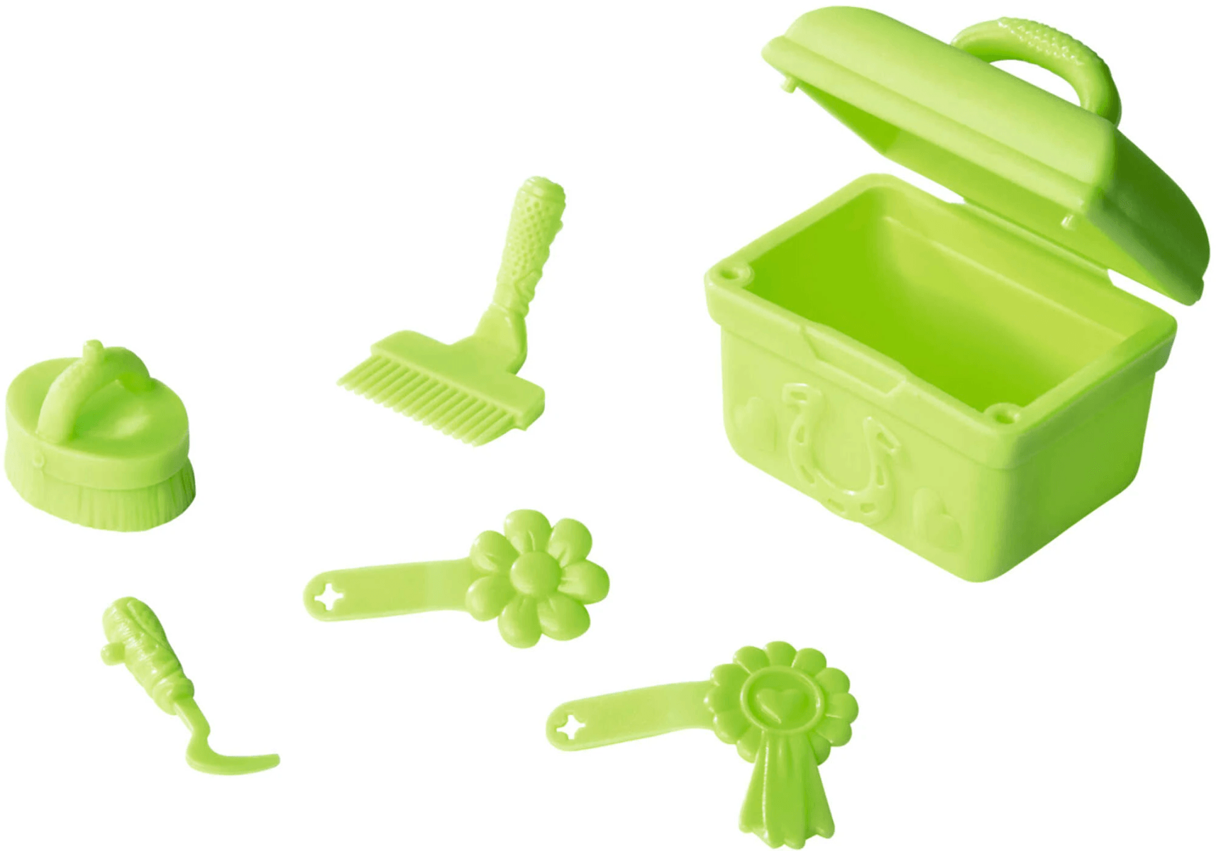 Un conjunto de herramientas de aseo de juguete verde lima que incluye caja, cepillo, peine, limpiacascos y dos cintas.