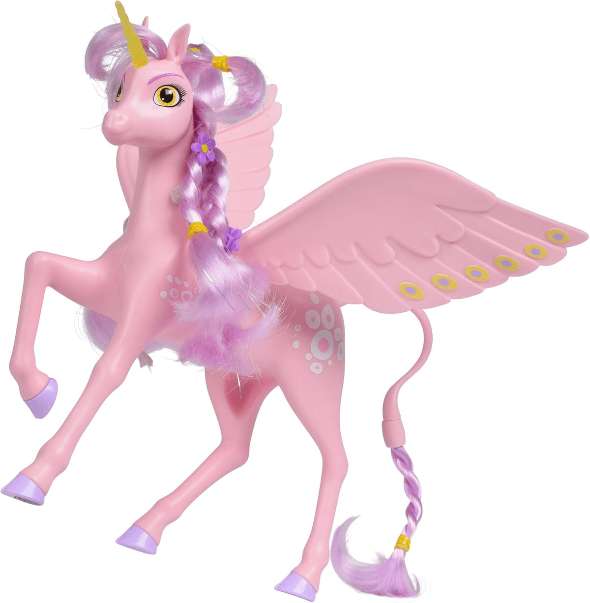 Ein pinkes Einhorn-Spielzeug mit Flügeln, gelbem Horn und lilafarbenem geflochtenen Haar.