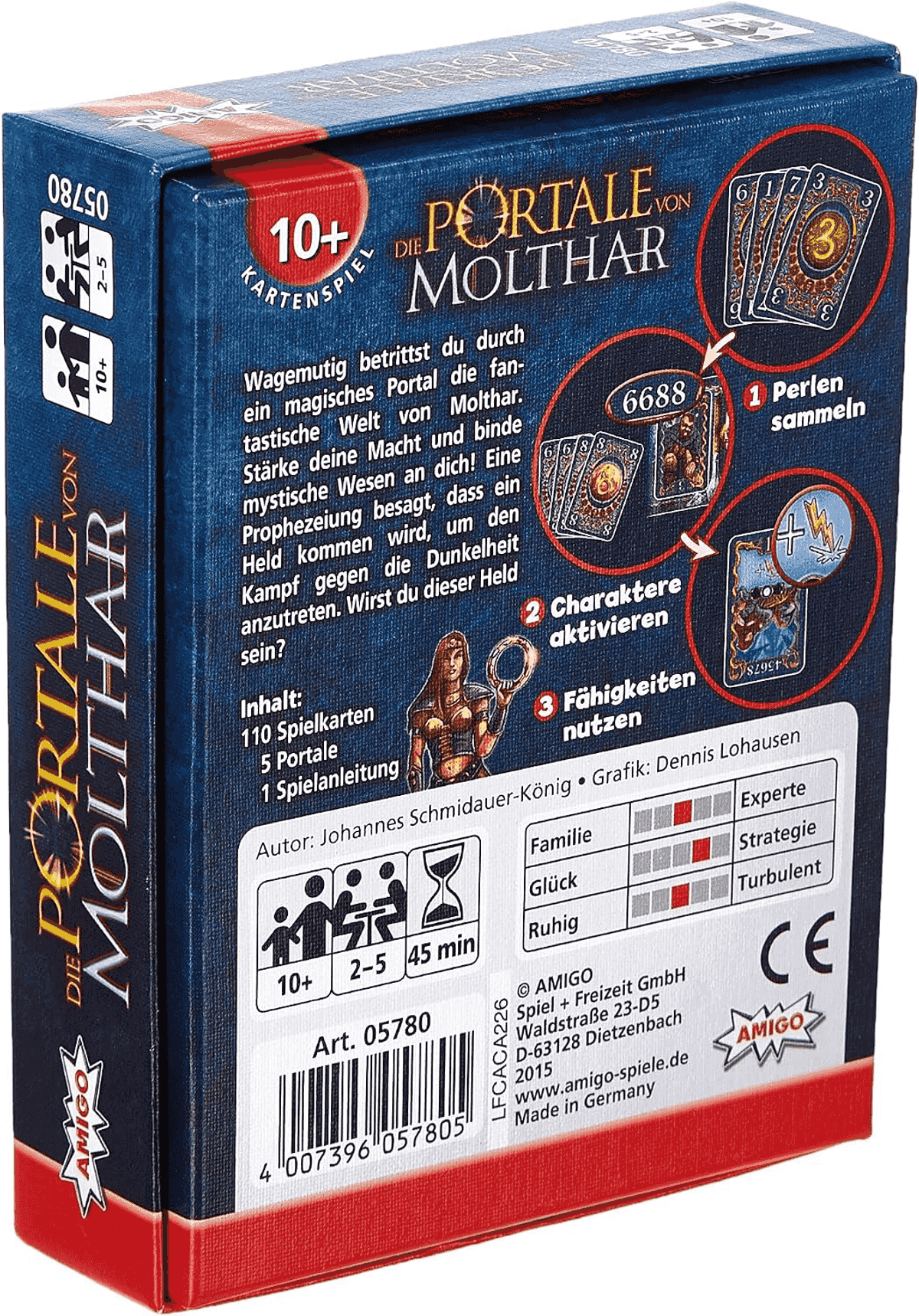 Die blaue Rückseite der Spielverpackung Die Portale von Molthar mit Spielinfos und Regeln.