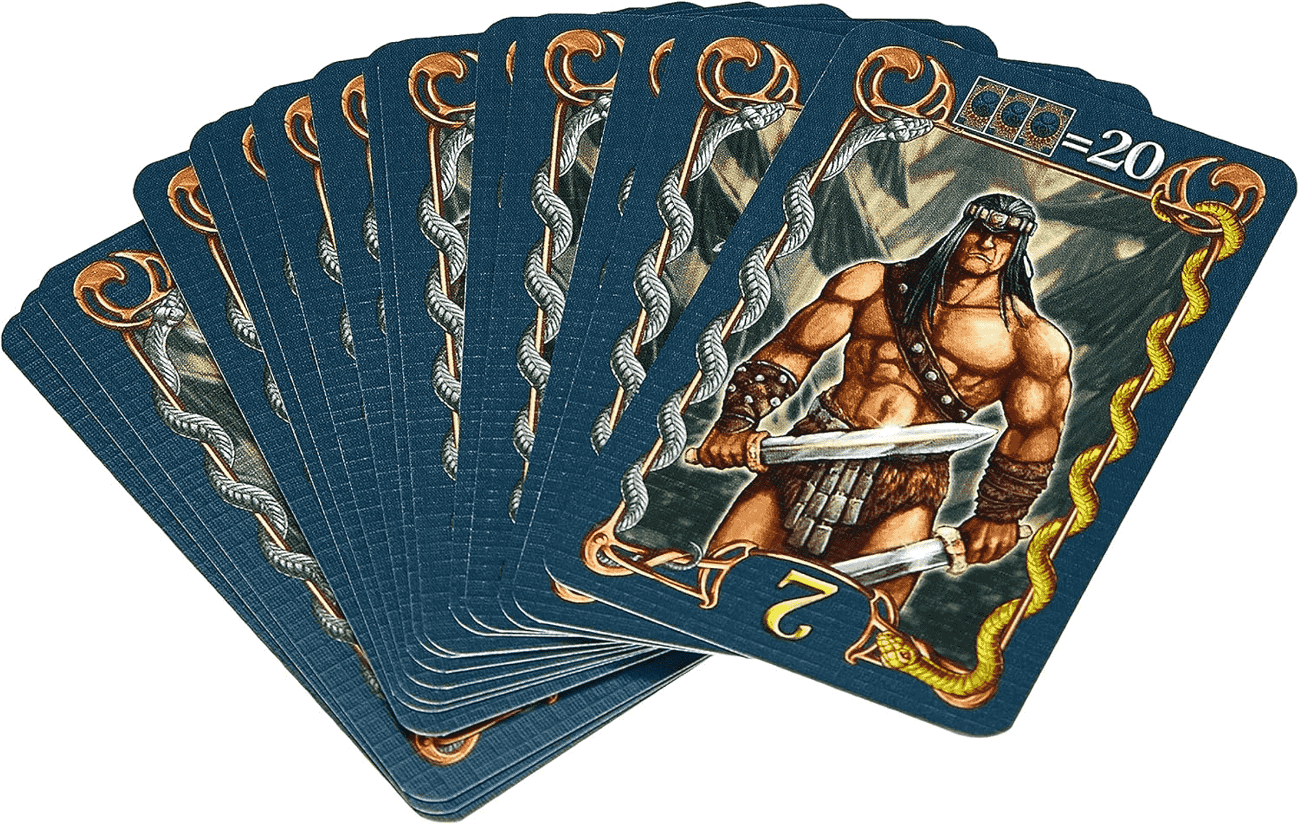 Ein Fächer aus Spielkarten mit einer muskulösen Kriegerfigur, Schlangenrahmen und der Zahl 20.