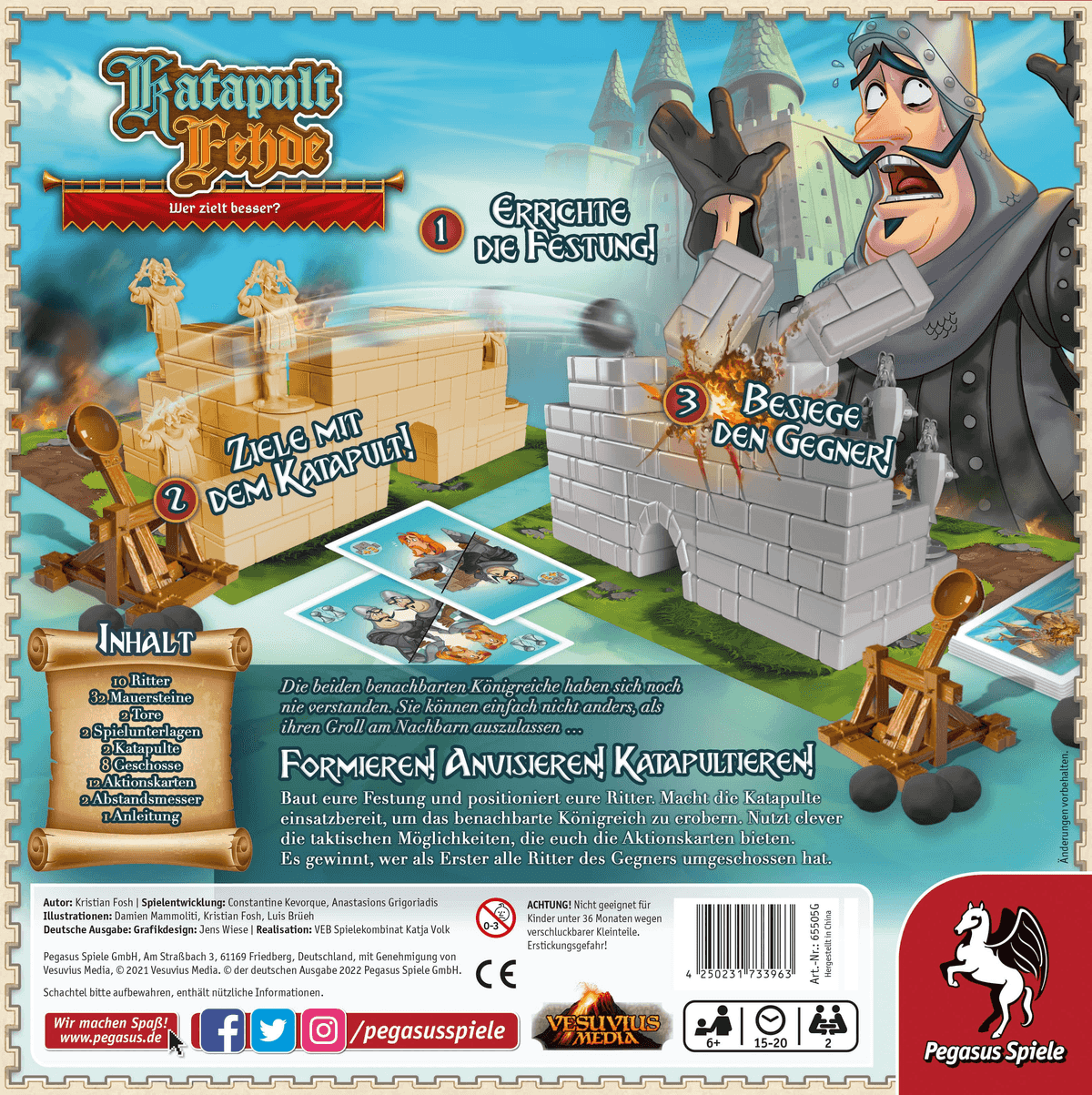Brettspiel Verpackungsrückseite mit Katapulten, Burgenbauteilen, Rittern und Spielanleitung auf Deutsch.