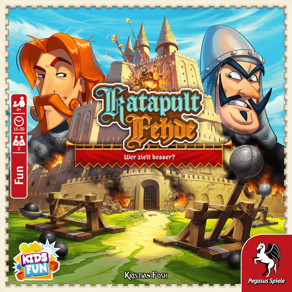 Spielcover von Katapult Fehde mit zwei rivalisierenden Rittern, Katapulten und einer brennenden Burg.