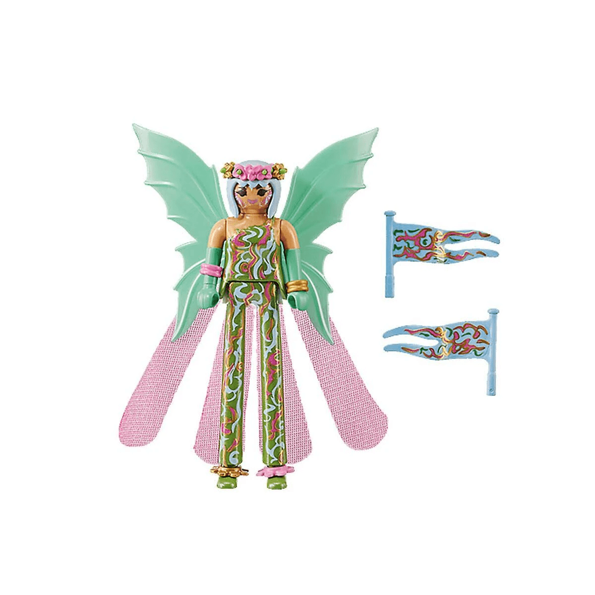 Figura de hada de Playmobil con alas verdes y rosas y dos banderas pequeñas sobre fondo blanco.