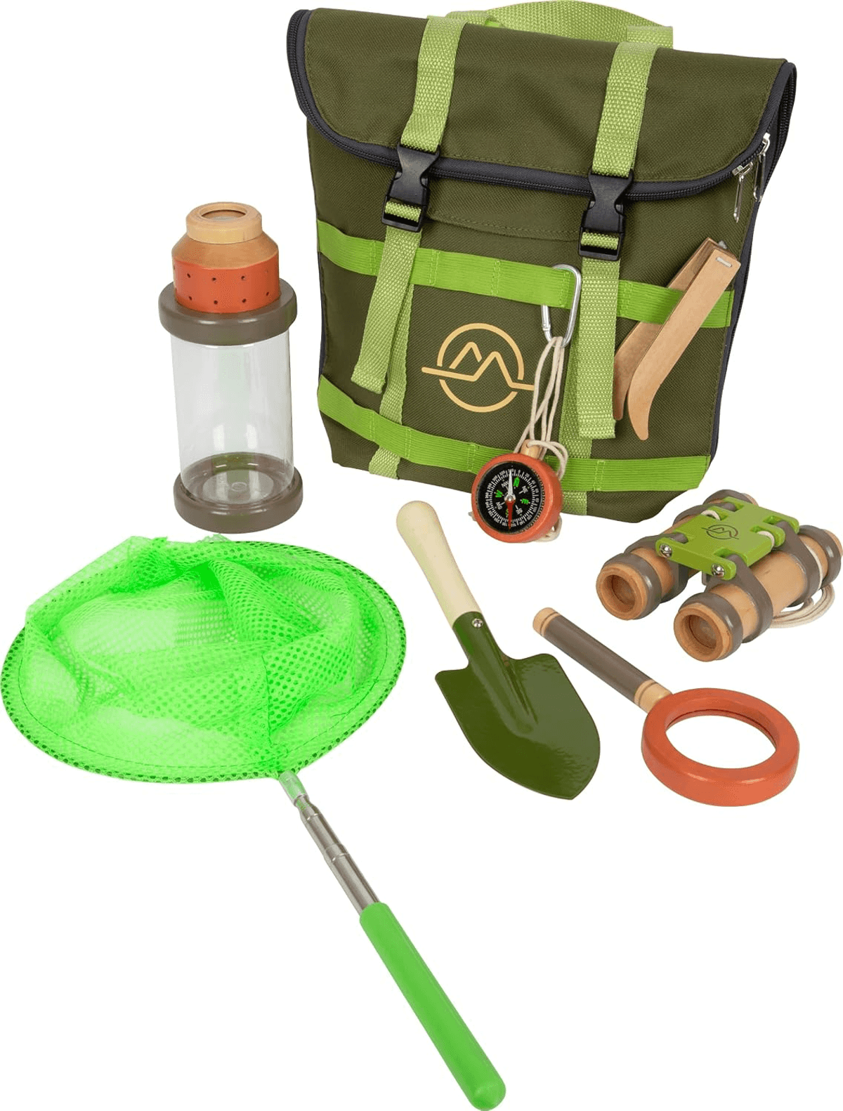 Bolsa de explorador verde con herramientas como lupa, pala, brújula, red y prismáticos.