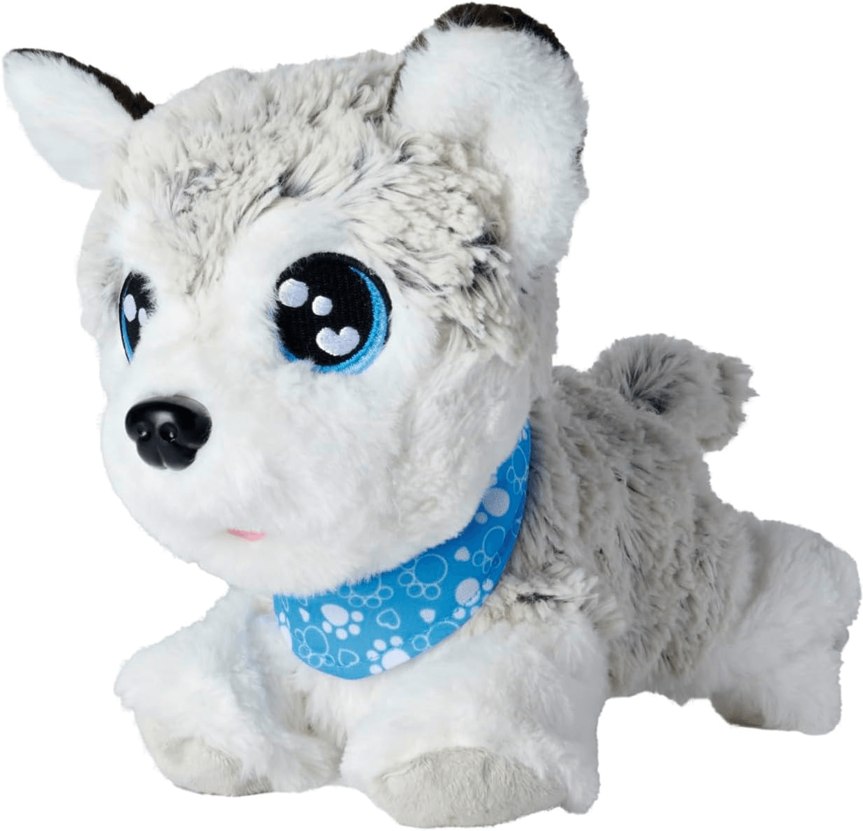 Ein Plüsch-Huskywelpe mit großen blauen Augen und einem blauen bandana mit Pfotenabdruckmuster auf weißem Hintergrund.