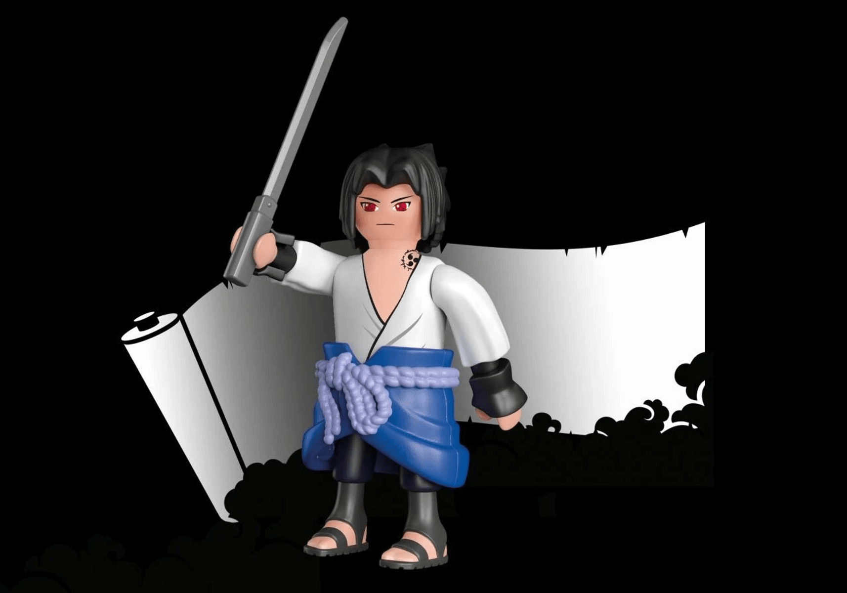 Eine Spielfigur im Anime-Stil mit Schwert vor einer Schriftrolle.