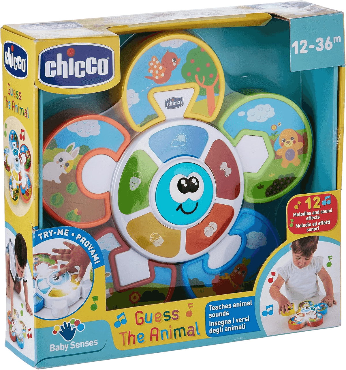 Caja de juguetes Chicco 'Guess the Animal' con coloridos gráficos de animales para niños de 12 a 36 meses.