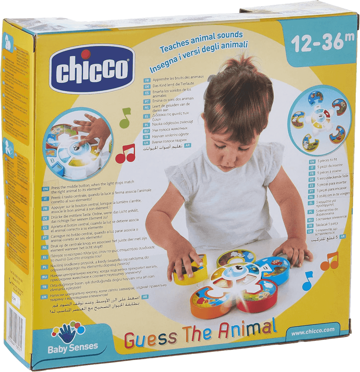 Una caja de juguetes Chicco muestra a un niño jugando con un juguete educativo de sonidos de animales.