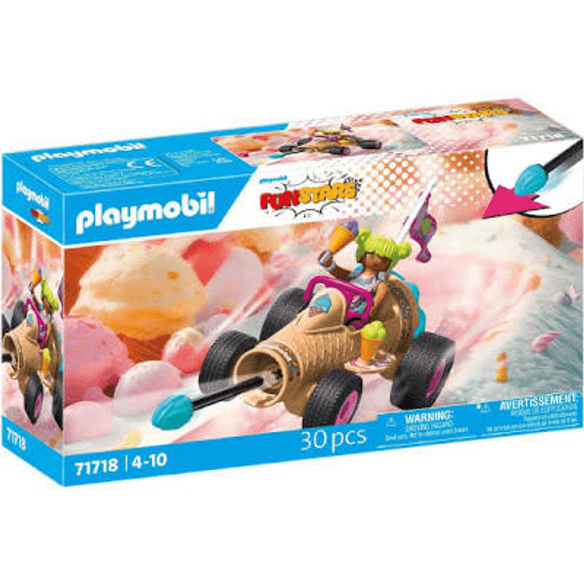 Caja de juguete Playmobil FunStars con un kart de helado, figura, bandera y lanzador.