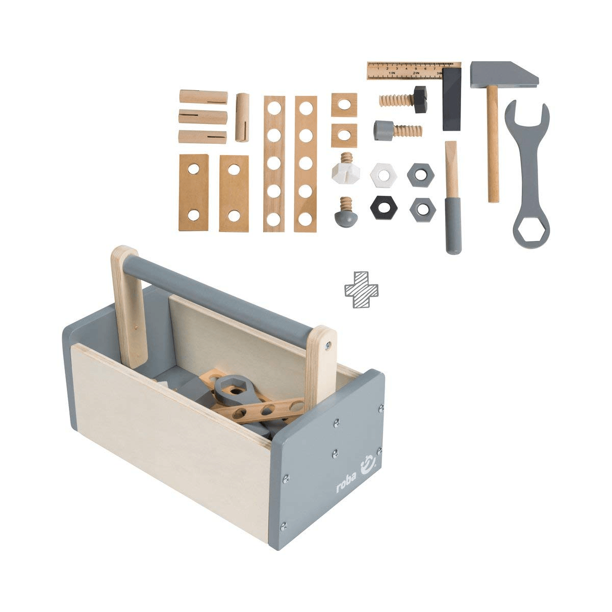 Ein hölzerner Spielzeug-Werkzeugkasten mit grauen und naturfarbenen Werkzeugen wie Hammer, Schraubenschlüssel, Lineal, Schrauben und Muttern.