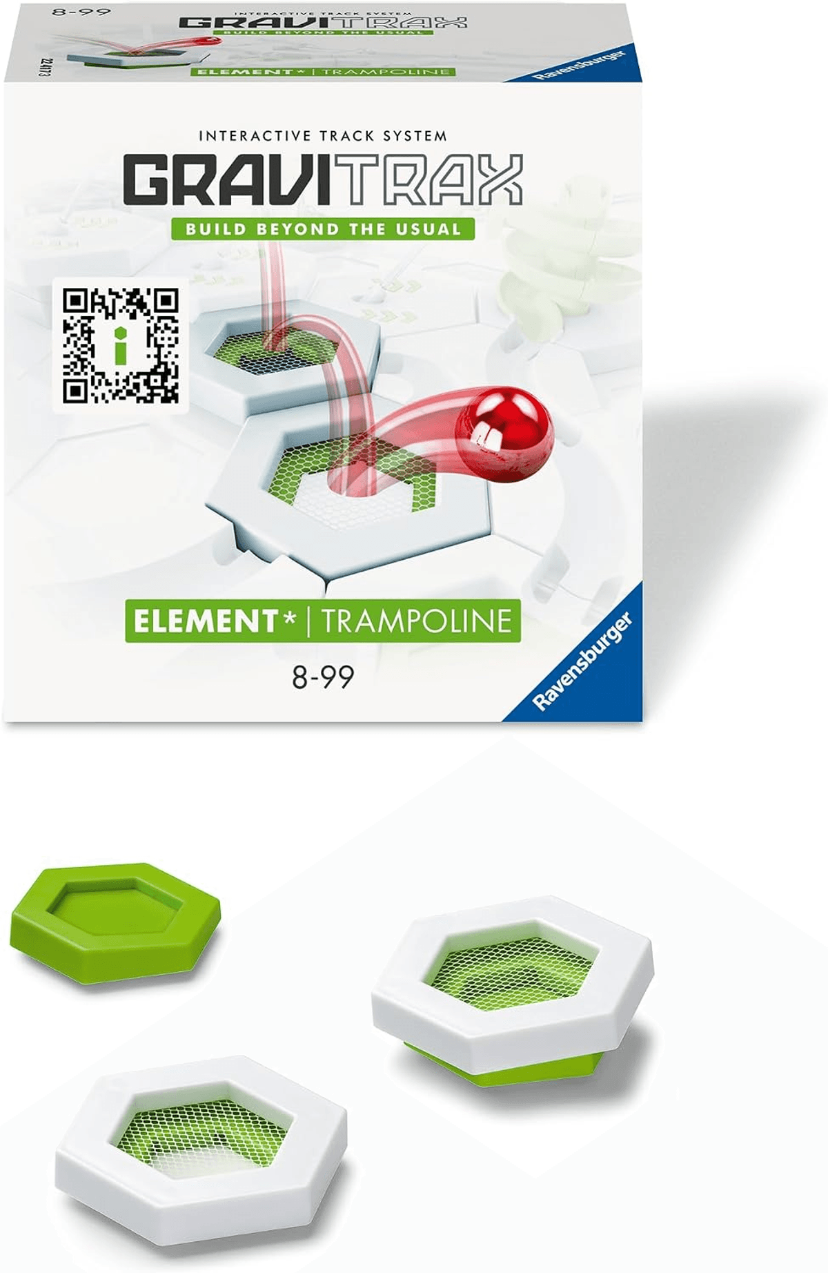 Caja de juego GraviTrax Trampoline con tres piezas hexagonales blancas y verdes.