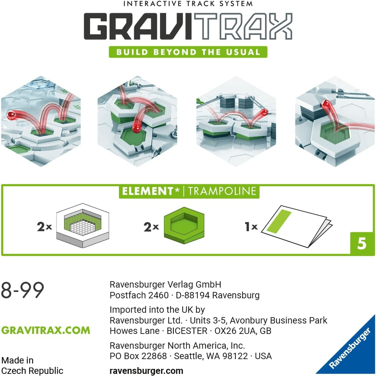 Embalaje de la expansión GraviTraX Trampolín con cuatro imágenes de acción, contenido e info.