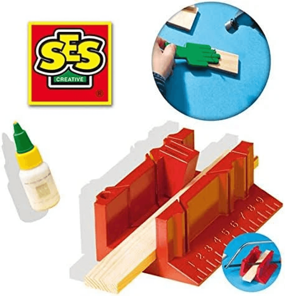 Set de SES Creative con caja de ingletes roja, madera, pegamento y herramientas.